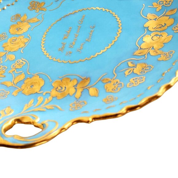 Hand Painted Vintage Cake Plate Handles Blue and Gold - Picture 6 of 10